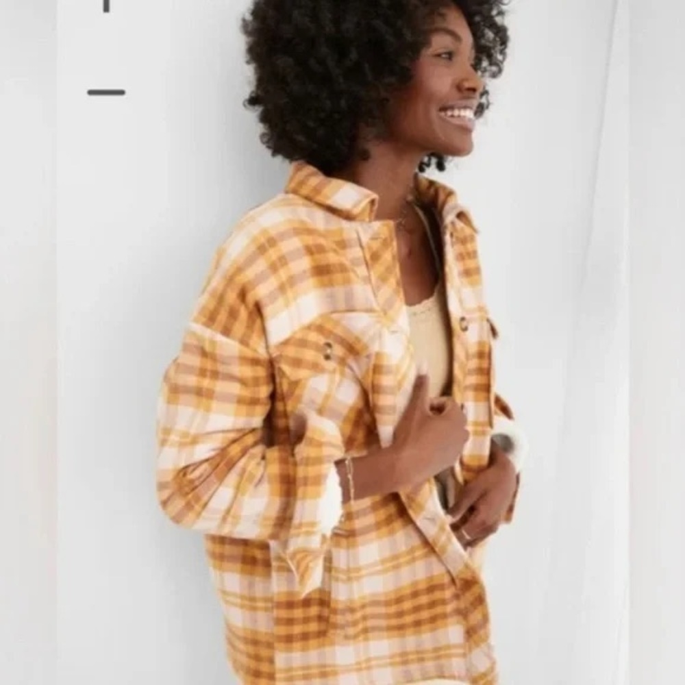 Aerie Plaid Sherpa Flannel Shacket Jacket Coat‎ Womens Small Orange
